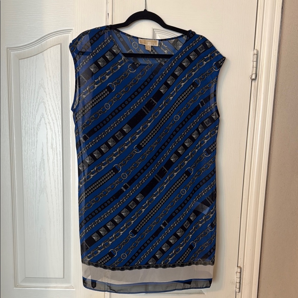Michael Kors Blue Asymmetrical Design Sleeveless Sheer (fully lined) Mini Dress